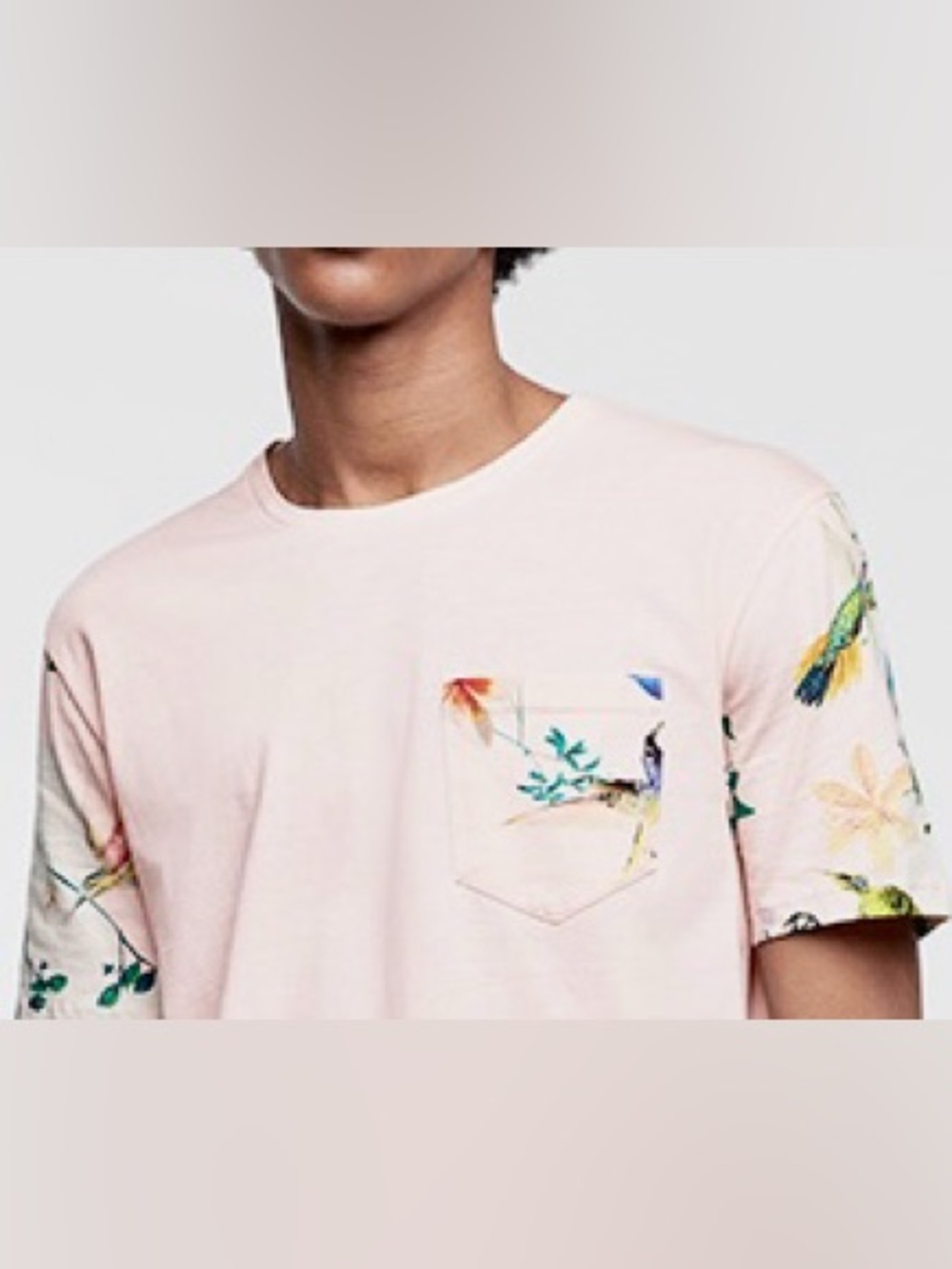 Zara Light Pink Pocket Tee with Tropical Print